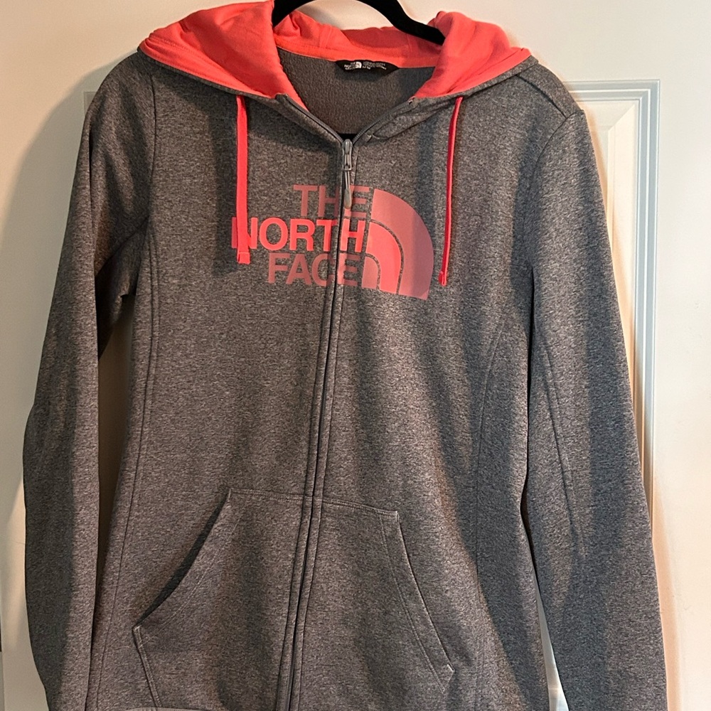 The North Face Gray Full-Zip Hoodie with Coral Accents